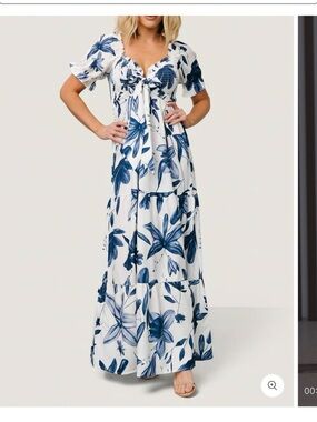 Balticborn Hilaria Maxi Dress Floral Maxi Dress in White & Blue Size Large NWT